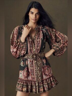 Farm Rio Belted Puff-Sleeve Mini Dress, NWT